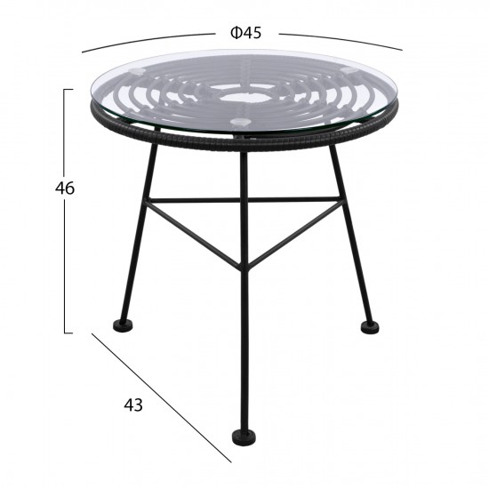 ΤΡΑΠΕΖΙ ΜΕΤΑΛΛΙΚΟ ALLEGRA ΜΕ WICKER ΣΕ ΜΑΥΡΗ ΑΠΟΧΡΩΣΗ ΚΑΙ ΓΥΑΛΙ Φ45x46εκ