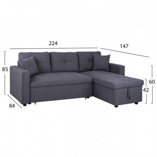 ΚΑΝΑΠΕΣ ΓΩΝΙΑ ΚΡΕΒΑΤΙ WAYNE 224x147x85Υεκ. ΓΚΡΙ ΥΦΑΣΜΑ