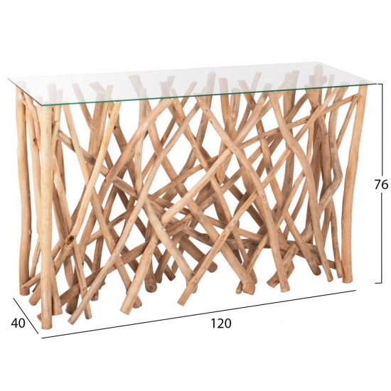 ΚΟΝΣΟΛΑ ΣΕ ΡΟΥΣΤΙΚ ΣΤΥΛ ΜΑΣΙΦ ΞΥΛΟ ΤΙΚ & ΓΥΑΛΙ ΦΥΣΙΚΟ 120X35X75Yεκ.