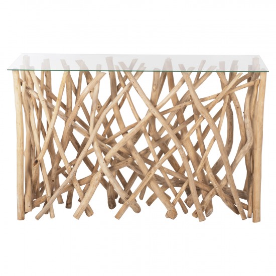 ΚΟΝΣΟΛΑ ΣΕ ΡΟΥΣΤΙΚ ΣΤΥΛ ΜΑΣΙΦ ΞΥΛΟ ΤΙΚ & ΓΥΑΛΙ ΦΥΣΙΚΟ 120X35X75Yεκ.