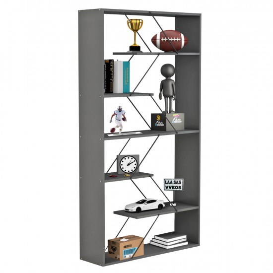 ΒΙΒΛΙΟΘΗΚΗ TARS ΓΚΡΙ ΜΕΛΑΜΙΝΗ-ΜΑΥΡΕΣ ΜΕΤΑΛΛΙΚΕΣ ΒΕΡΓΕΣ 84x24x157Υεκ.