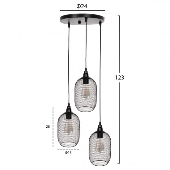 ΦΩΤΙΣΤΙΚΟ ΟΡΟΦΗΣ ΚΡΕΜΑΣΤΟ 3ΦΩΤΟ ΜΑΥΡΑ ΜΕΤΑΛΛΙΚΑ ΚΑΠΕΛΑ Φ24x123Υεκ.