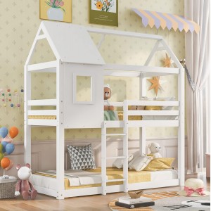 ΠΑΙΔΙΚΗ ΚΟΥΚΕΤΑ ΣΠΙΤΑΚΙ HOOD ΞΥΛΟ ΠΕΥΚΟΥ ΣΕ ΛΕΥΚΟ-ΣΤΡΩΜΑΤΑ 190x90εκ