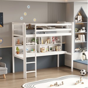 ΠΑΙΔΙΚH KOYKETA ΜΕ ΓΡΑΦΕΙΟ & ΒΙΒΛΙΟΘΗΚΗ LIBRO ΞΥΛΟ ΠΕΥΚΟΥ ΛΕΥΚΟ- 90x190εκ