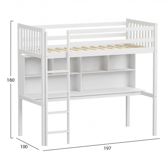 ΠΑΙΔΙΚH KOYKETA ΜΕ ΓΡΑΦΕΙΟ & ΒΙΒΛΙΟΘΗΚΗ LIBRO ΞΥΛΟ ΠΕΥΚΟΥ ΛΕΥΚΟ- 90x190εκ