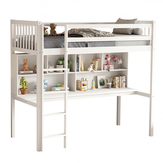 ΠΑΙΔΙΚH KOYKETA ΜΕ ΓΡΑΦΕΙΟ & ΒΙΒΛΙΟΘΗΚΗ LIBRO ΞΥΛΟ ΠΕΥΚΟΥ ΛΕΥΚΟ- 90x190εκ