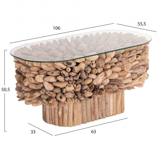 ΤΡΑΠΕΖΙ ΣΑΛΟΝΙΟΥ ΟΒΑΛ SPARROW DRIFTWOOD--ΓΥΑΛΙ 106x55,5x50,5Υεκ.