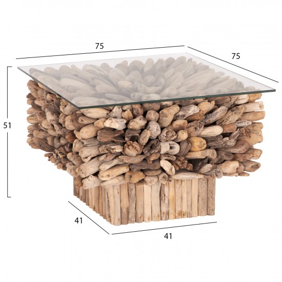 ΤΡΑΠΕΖΙ ΣΑΛΟΝΙΟΥ ΤΕΤΡΑΓΩΝΟ SPARROW DRIFTWOOD--ΓΥΑΛΙ 75x75x51Υεκ.