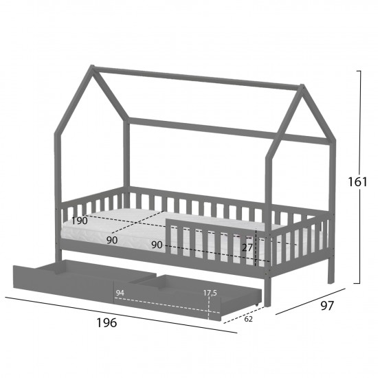 ΚΡΕΒΑΤΙ ΠΑΙΔΙΚΟ ΜΕ ΣΥΡΤΑΡΙΑ PHYLLIS ΞΥΛΟ ΠΕΥΚΟΥ ΓΚΡΙ--ΜΕ ΣΤΡΩΜΑ 90x190εκ