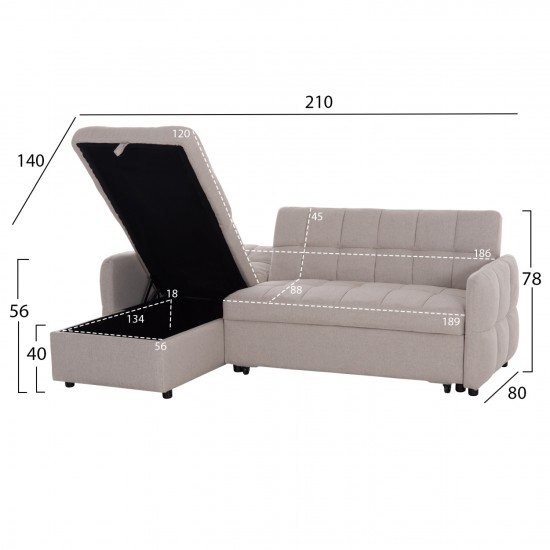 ΓΩΝΙΑΚΟΣ ΚΑΝΑΠΕΣ-ΚΡΕΒΑΤΙ ΑΝΑΣΤΡΕΨΙΜΟΣ NEZU ΜΠΕΖ ΥΦΑΣΜΑ 213x145x83Υεκ.