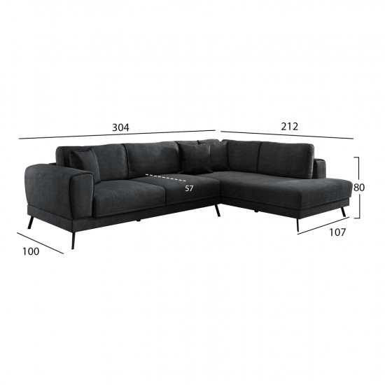 ΚΑΝΑΠΕΣ ΚΡΕΒΑΤΙ ΔΕΞΙΑ ΓΩΝΙΑ ZENORA ΣΚΟΥΡΟ ΓΚΡΙ ΥΦΑΣΜΑ 304x212x80Υεκ