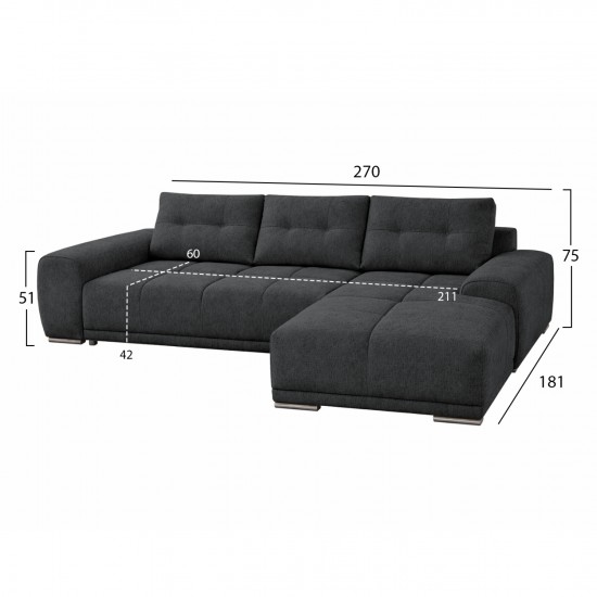 ΚΑΝΑΠΕΣ ΚΡΕΒΑΤΙ ΔΕΞΙΑ ΓΩΝΙΑ COMFYRA ΓΚΡΙ ΥΦΑΣΜΑ 270x181x75Υεκ