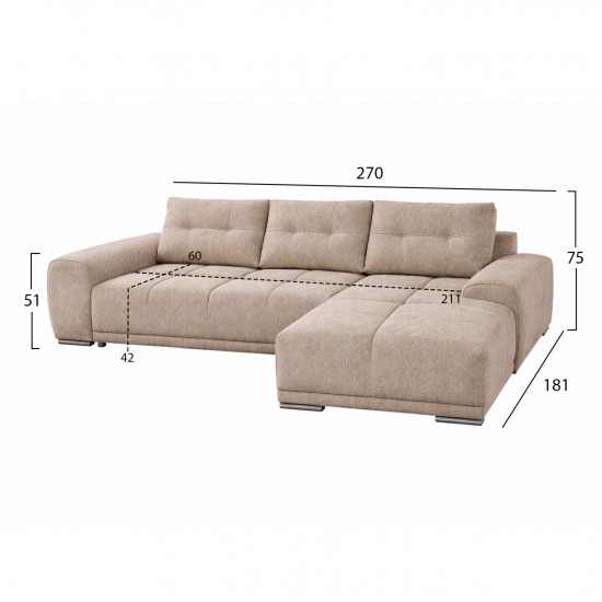 ΚΑΝΑΠΕΣ ΚΡΕΒΑΤΙ ΔΕΞΙΑ ΓΩΝΙΑ COMFYRA ΜΠΕΖ ΥΦΑΣΜΑ 270x181x75Υεκ