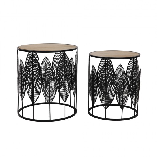 LEAF COFFEE TABLE SET 2ΤΕΜ ΜΑΥΡΟ ΦΥΣΙΚΟ D40-33,5xH45-40cm