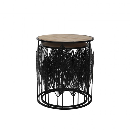 LEAF COFFEE TABLE SET 2ΤΕΜ ΜΑΥΡΟ ΦΥΣΙΚΟ D40-33,5xH45-40cm