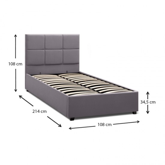 Κρεβάτι Kingston βελούδινο με αποθηκευτικό χώρο χρώμα γκρι 100x200εκ.