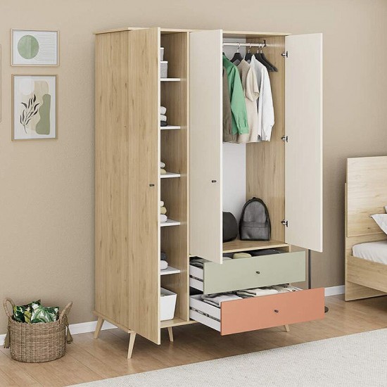 Ντουλάπα ρούχων Terra τρίφυλλη με συρτάρια χρώμα florida oak 121x54x200εκ.