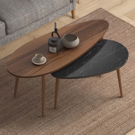 Βοηθητικά τραπεζάκια Elips από μελαμίνη χρώμα καρυδί - μαύρο εφέ μαρμάρου 116x46x46εκ.