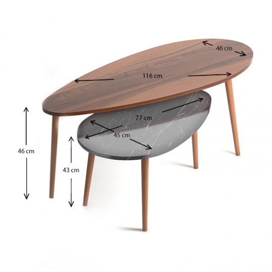 Βοηθητικά τραπεζάκια Elips από μελαμίνη χρώμα καρυδί - μαύρο εφέ μαρμάρου 116x46x46εκ.