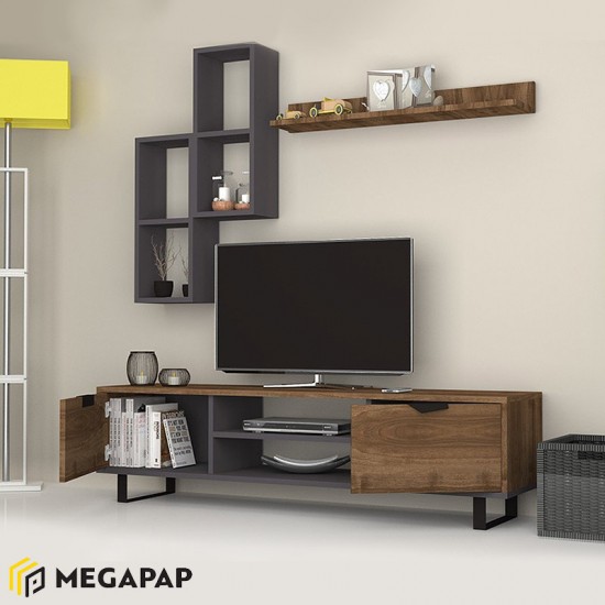 Σύνθεση τηλεόρασης Lonsa από μελαμίνη χρώμα καρυδί - γκρι 160x35x40εκ.