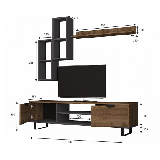 Σύνθεση τηλεόρασης Lonsa από μελαμίνη χρώμα καρυδί - γκρι 160x35x40εκ.