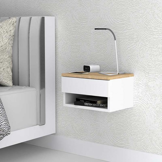 Κομοδίνο επιτοίχιο μελαμίνης Mary χρώμα sonoma - λευκό 40x30x23εκ.