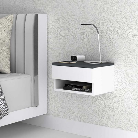 Κομοδίνο επιτοίχιο μελαμίνης Mary χρώμα ανθρακί - λευκό 40x30x23εκ.