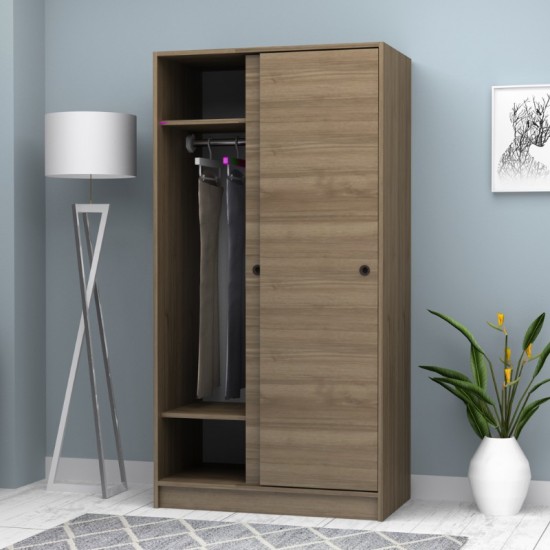 Ντουλάπα ρούχων Misra δίφυλλη συρόμενη χρώμα καρυδί 94x52x182εκ.