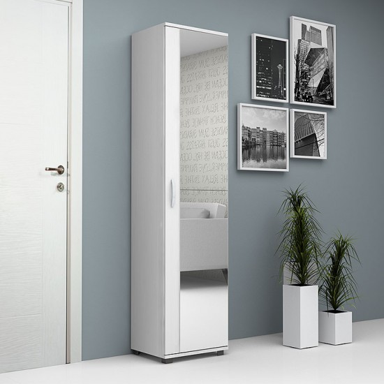 Ντουλάπα ρούχων - παπουτσοθήκη Visla μονόφυλλη από μελαμίνη με καθρέπτη χρώμα λευκό 45x36x187εκ.