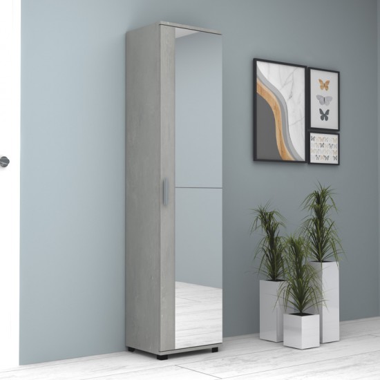 Ντουλάπα ρούχων - παπουτσοθήκη Visla μονόφυλλη με καθρέπτη χρώμα γκρι σκυροδέματος 45x36x187εκ.
