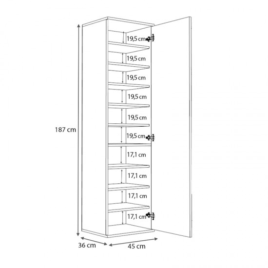 Ντουλάπα ρούχων - παπουτσοθήκη Visla μονόφυλλη με καθρέπτη χρώμα γκρι σκυροδέματος 45x36x187εκ.