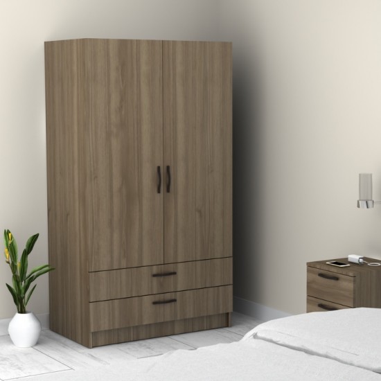 Ντουλάπα ρούχων Victoria δίφυλλη με συρτάρια χρώμα καρυδί 100x60x181εκ.