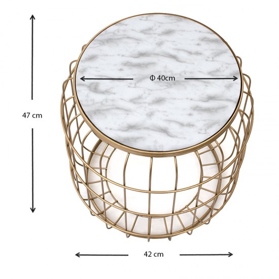 Σκαμπώ - τραπεζάκι βοηθητικό Muller μεταλλικό - Mdf χρώμα χρυσό - λευκό 35x35x47εκ.