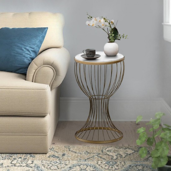 Βοηθητικό τραπεζάκι Aldora μεταλλικό - Mdf χρώμα χρυσό - λευκό εφέ μαρμάρου 35x35x58εκ.