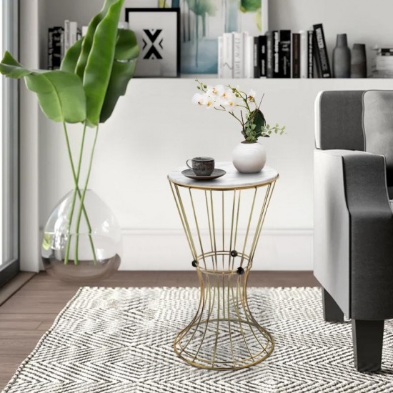 Βοηθητικό τραπεζάκι Girene μεταλλικό - Mdf χρώμα χρυσό - λευκό εφέ μαρμάρου 35x35x58εκ.