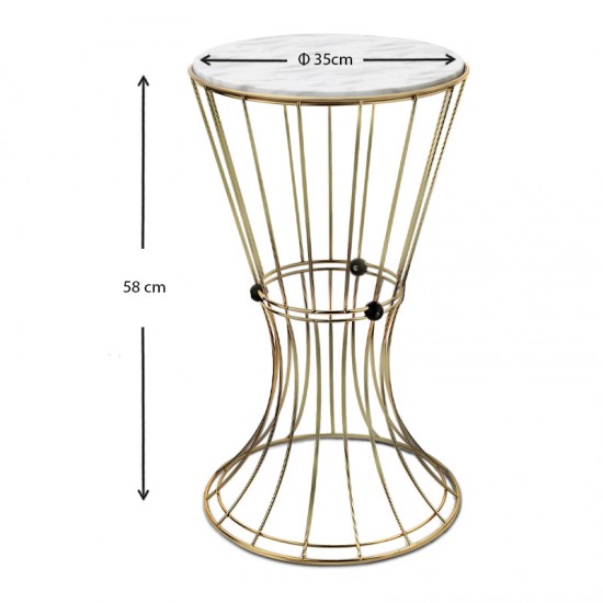 Βοηθητικό τραπεζάκι Girene μεταλλικό - Mdf χρώμα χρυσό - λευκό εφέ μαρμάρου 35x35x58εκ.
