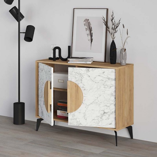 Μπουφές μελαμίνης Gora χρώμα φυσικό οξιάς - λευκό εφέ μαρμάρου 110x35,6x82εκ.