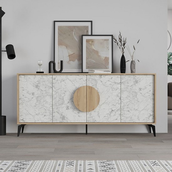 Μπουφές μελαμίνης Gora χρώμα φυσικό οξιάς - λευκό εφέ μαρμάρου 180x35,6x82εκ.