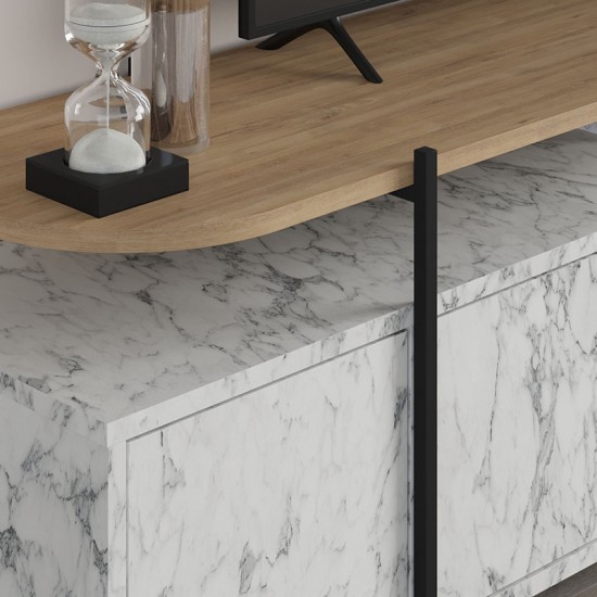 Έπιπλο τηλεόρασης Hanley από μελαμίνη χρώμα λευκό εφέ μαρμάρου 160x35,6x48εκ.