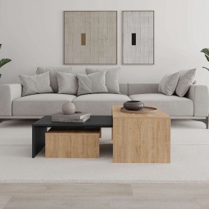 Τραπεζάκι σαλονιού σετ 3 τμχ. Kanta χρώμα sapphire oak - silky black 80x50x40,5εκ.