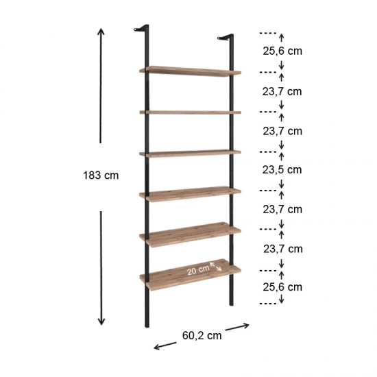 Βιβλιοθήκη τοίχου Madison μεταλλική - μελαμίνης χρώμα μαύρο - pine oak 60x20x183εκ.