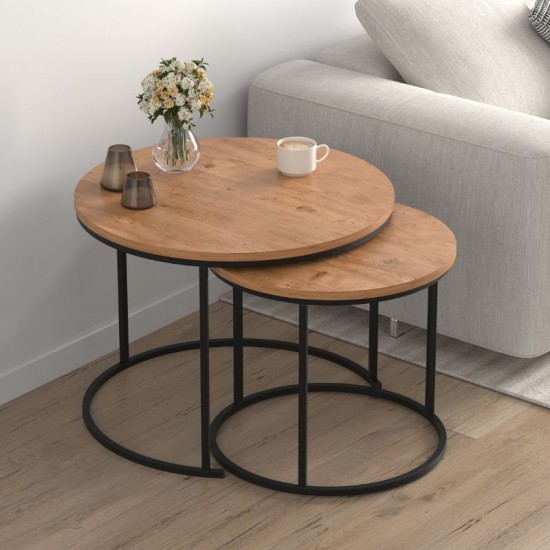 Τραπεζάκι σαλονιού σετ 2 τμχ Hilal χρώμα pine oak Ø66x49,5εκ. Τραπεζάκι σαλονιού σετ 2 τμχ Hilal χρώμα pine oak Ø66x49,5εκ.