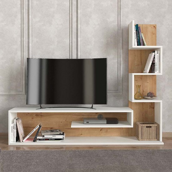 Έπιπλο τηλεόρασης Metehan από μελαμίνη χρώμα λευκό - sapphire oak 149,5x29,5x120εκ.