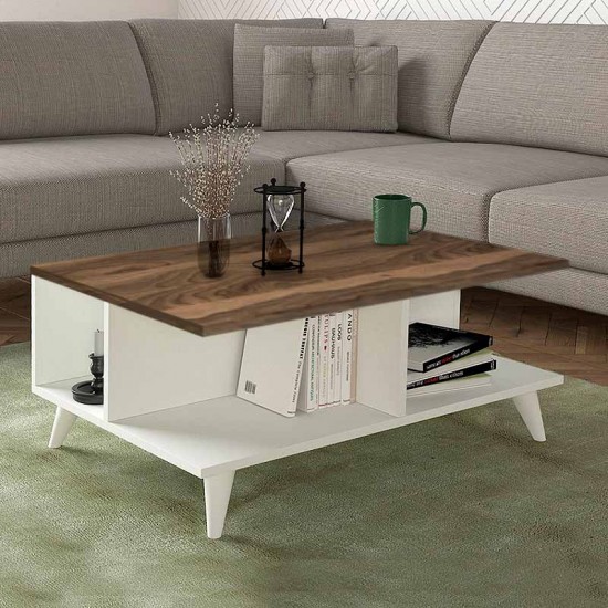 Τραπεζάκι σαλονιού Sedra από μελαμίνη χρώμα λευκό - καρυδί 90x60x38,6εκ.