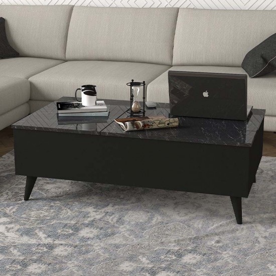 Τραπεζάκι σαλονιού Roy με σερβιτόρο από μελαμίνη χρώμα μαύρο - εφέ μαρμάρου 121x69x40εκ.