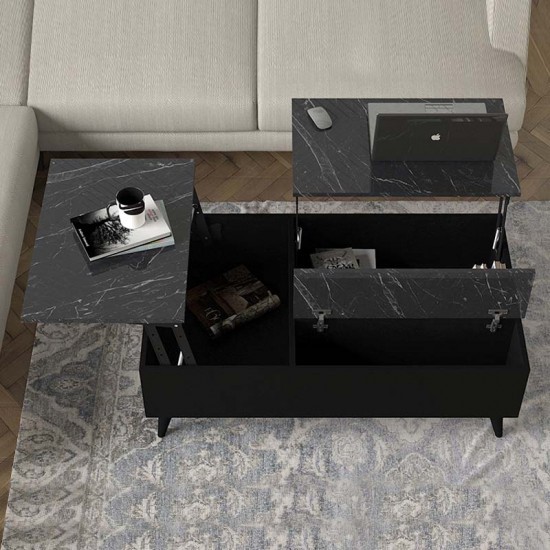 Τραπεζάκι σαλονιού Roy με σερβιτόρο από μελαμίνη χρώμα μαύρο - εφέ μαρμάρου 121x69x40εκ.