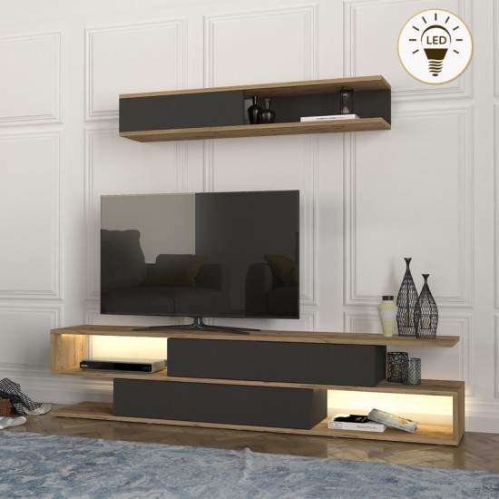 Σύνθεση τηλεόρασης Manet με LED χρώμα sepet oak - ανθρακί 180x29,5x39εκ.