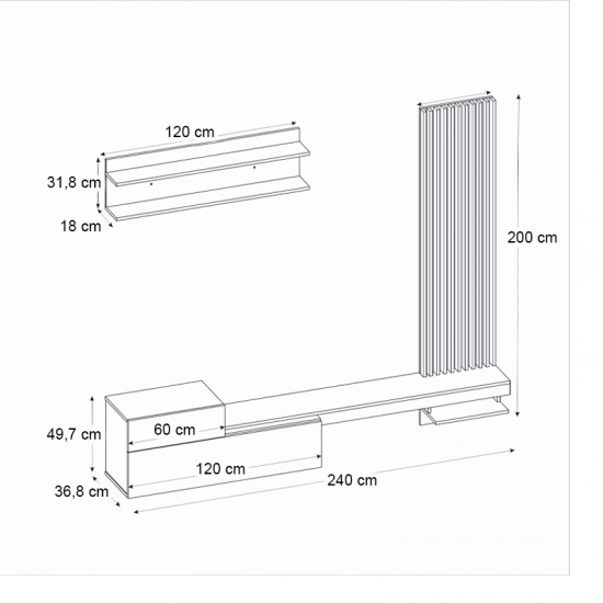 Σύνθεση τηλεόρασης Dumont χρώμα ανθρακί - sepet oak 240x36,8x200εκ.