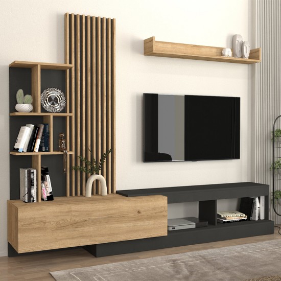 Σύνθεση τηλεόρασης Vermont χρώμα ανθρακί - sepet oak 240x40x192εκ.