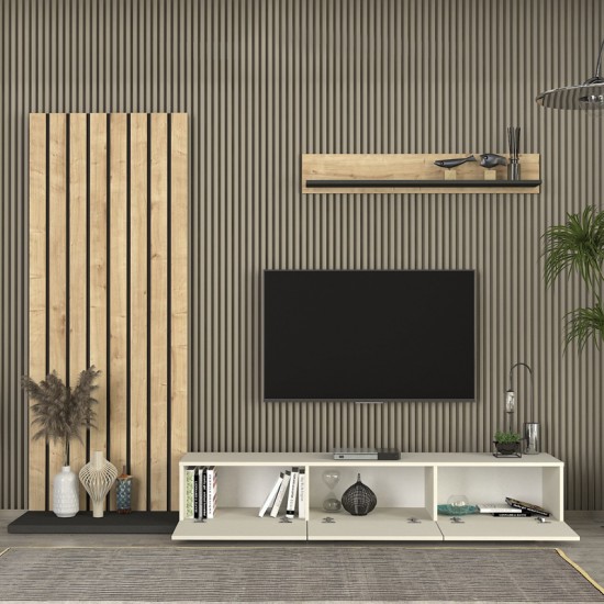 Σύνθεση τηλεόρασης Nagini χρώμα ivory - sapphire oak - ανθρακί 260x39,4x203,6εκ.